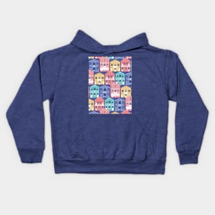 Colourful Portuguese houses // electric blue background yellow red blue and teal Costa Nova inspired houses Kids Hoodie